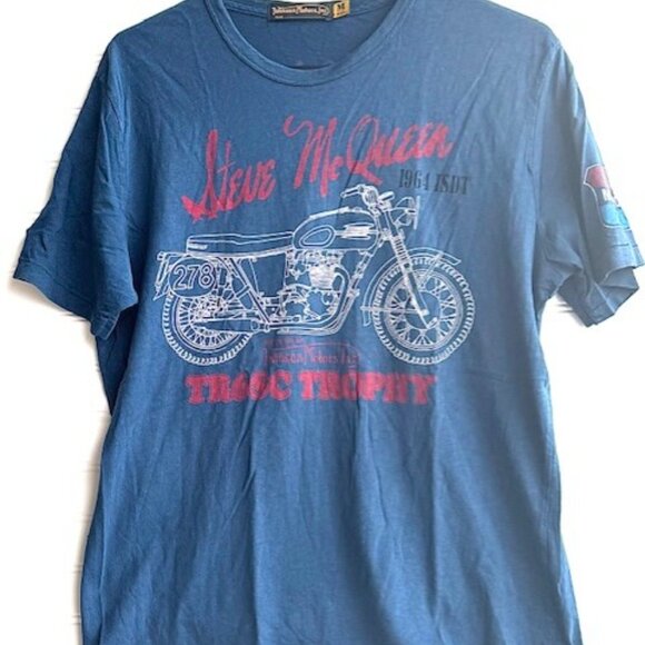 Johnson Motors Steve McQueen distressed M Blue Shirt - Picture 3 of 6